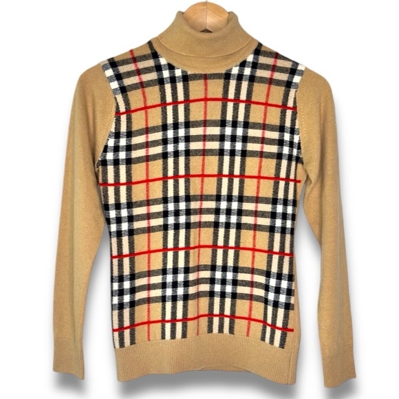 Burberry London Vintage Cashmere Tan Black Red Nova Check Turtleneck Sweater XS - Picture 1 of 13